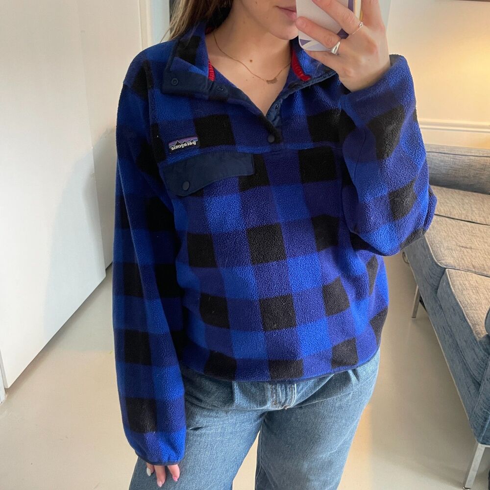 Patagonia Synchilla Plaid Check Snap Pullover Fleece Jacket Blue Men's X-Small